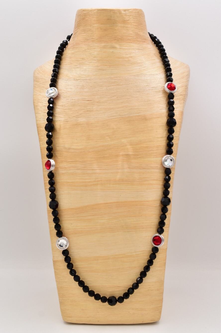 YSL Vintage Statement Beaded Necklace Black Red Crystal Chain Silver Signed Bin1